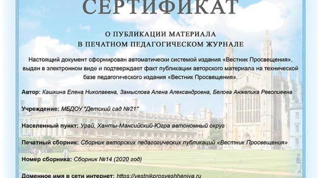 Сертификат о публикации Вестник Просвещения-1 2020 каш