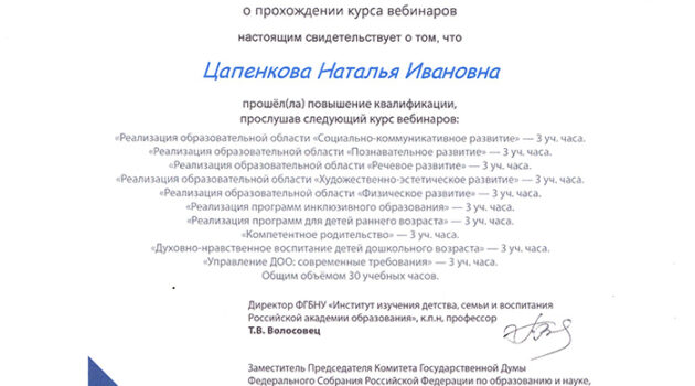 Сертификат Воспитатели года Цапенкова 2020