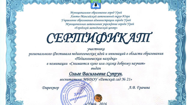 Сертификат Педагогическая находка супр 2016