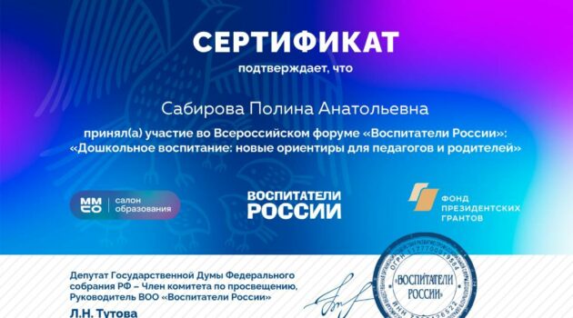 Сертификат Сабирова Воспитатели России 2022