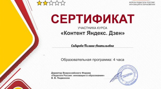 Сертификат Сабирова Полина Анатольевна контект яндекс
