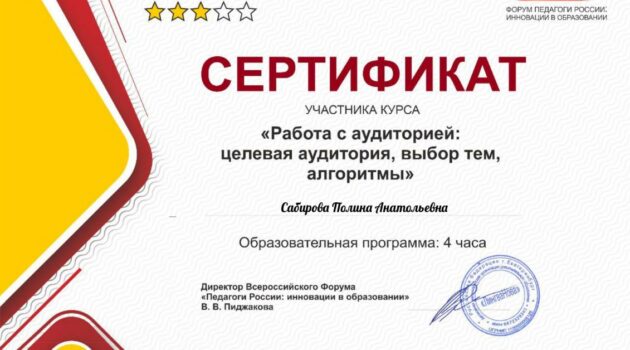 Сертификат Сабирова Полина Анатольевна работа с аудиторией