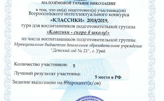 сертификат КЛАССИКИ 2018-2019 Малозёмова