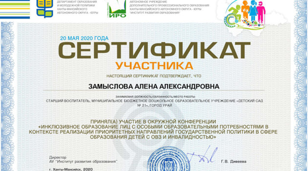 сертификат участника окружной конфереции по инклюзивному образованию2020