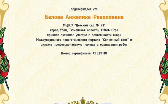 Сертификат участника жюри Белова 2018