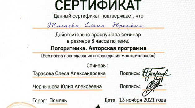 Сертификат Жмаева
